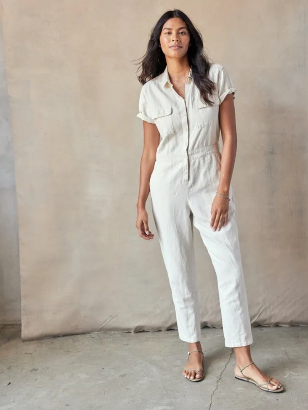 Outerknown women’s S.E.A. organic cotton jumpsuit beige size small short sleeve